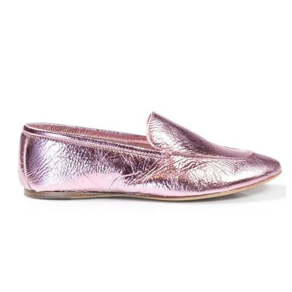 ZVELLE V Metallic Pink Crinkle Leather Moccasin Loafers - Picture 1 of 14